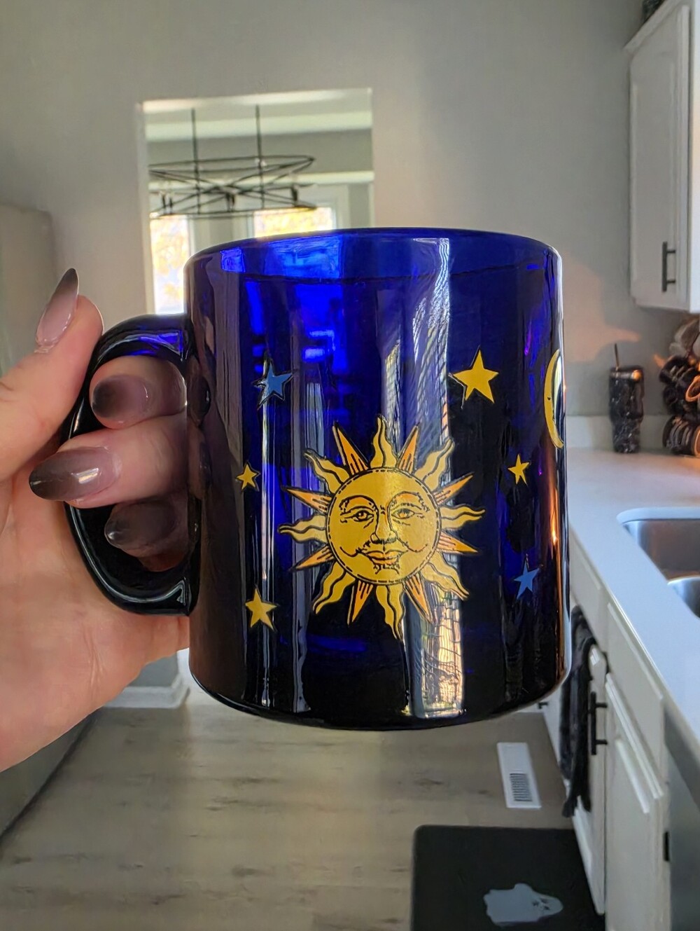 Vintage | 1990s cobalt blue glass coffee mug by Libbey, Celestial Design.